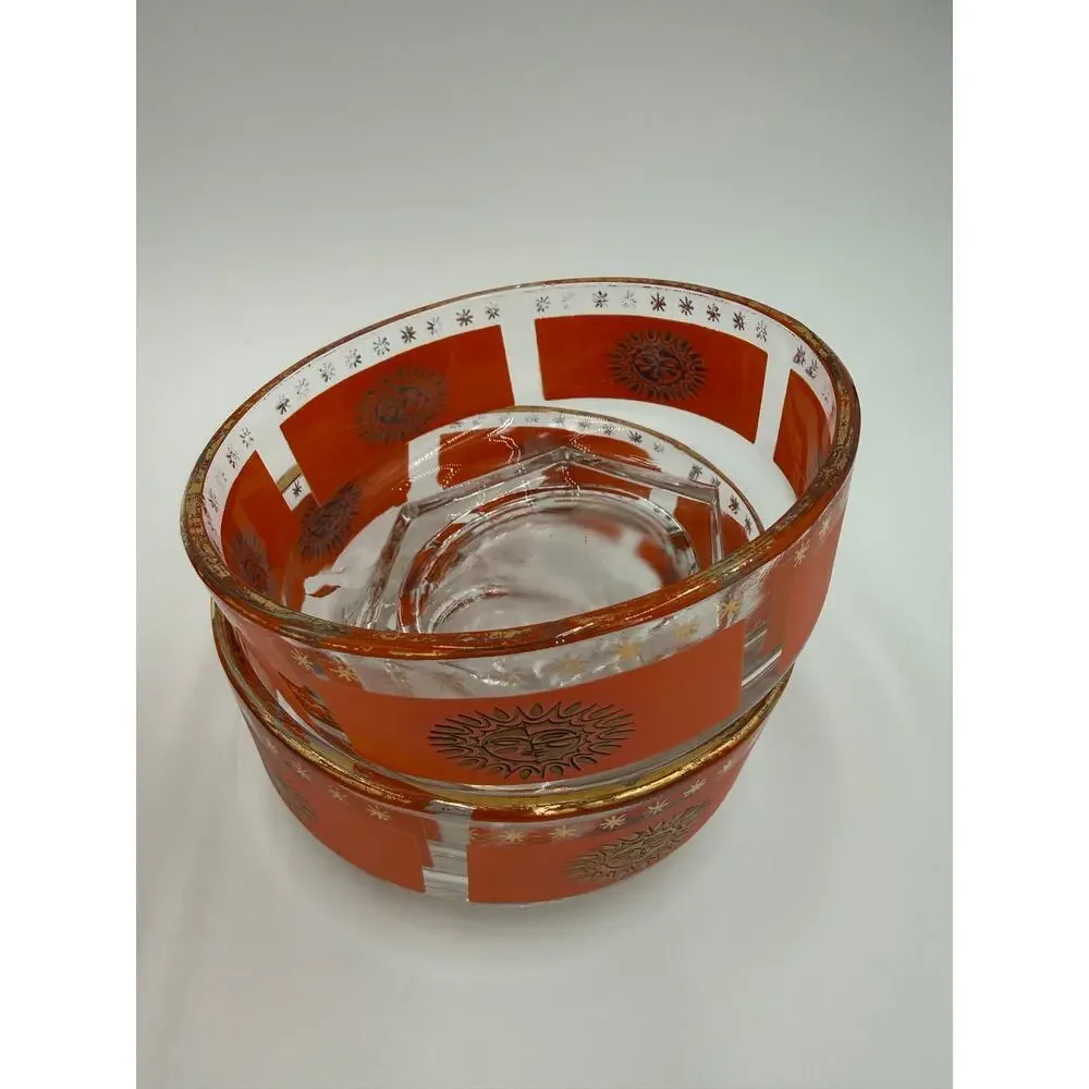 1970's Jeanette Glass Company Aztec Sun Chip & Dip Bowls
